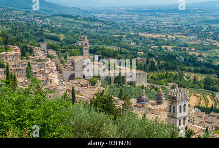 Panoramic view in Assisi with the Basilica of Santa Chiara. Umbria, Italy. Stock Photo