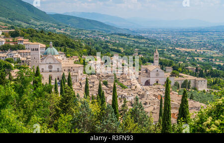 Panoramic view in Assis with San Rufino Cathedral and Santa Chiara Basilica. Umbria, Italy. Stock Photo