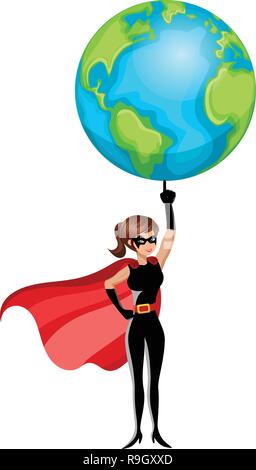 Superhero woman lifting earth with finger isolated Stock Vector