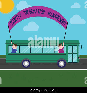 Word writing text Security Information Management. Business concept for Collecting and analyzing security data logs Two Kids Inside School Bus Holding Stock Photo