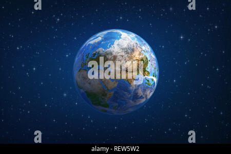 Planet Earth in space, focused on Europe and Asia. 3D illustration - Elements of this image furnished by NASA. Stock Photo