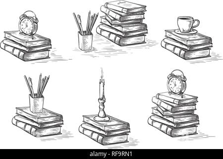 hand drawn sketch stack books set clock pen and candle isolated on white background vector illustration. Stock Vector