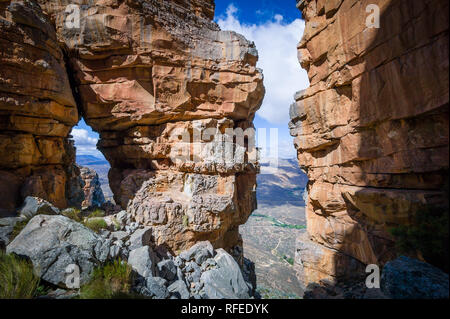 Wolfberg Mountain in the Cederberg Wilderness Area is home to a  hiking or backpacking trail leading through Wolfberg Cracks to famous Wolfberg Arch. Stock Photo