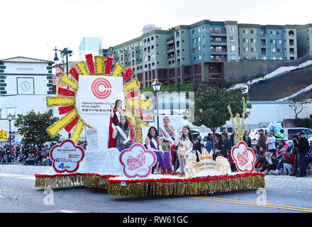 LOS ANGELES - FEBRUARY 9, 2019: Float carrying the Quuen and Her Court at the Los Angelse Chinese New Year Parade. Stock Photo