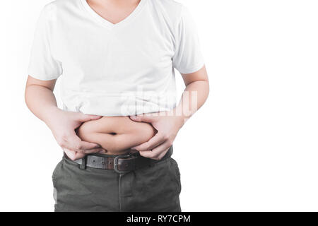 Obese Asian men use hands to grip the fat area. Obesity healthcare and health problem concept  isolated on white background, clipping path Stock Photo