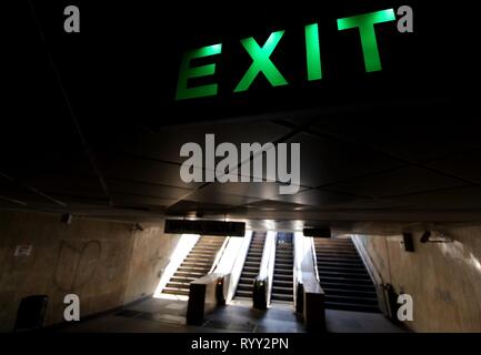 Bucharest, Romania - September 23, 2018: The Exit sign is seen in the University Passage (Pasajul Universitatii), in Bucharest, Romania. Stock Photo