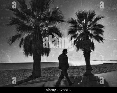 A lone man walks along a path next to two palm trees. An image that evokes feelings of loneliness and vulnerability. Photo Credit - © COLIN HOSKINS. Stock Photo