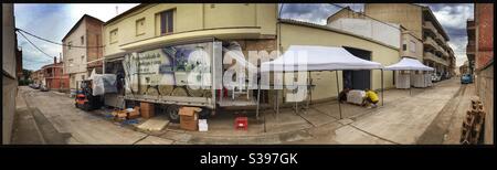 Mobile bottling line outside a winery, Catalonia, Spain. Stock Photo