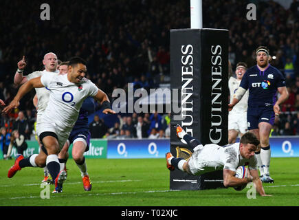 London, UK. 16th Mar, 2019. George Ford of England scores a try during the Guinness Six Nations match between England and Scotland at Twickenham Stadium. Credit: European Sports Photographic Agency/Alamy Live News Stock Photo