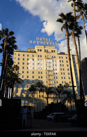 Los Angeles, CA / USA - Feb. 18, 2019: The historic Roosevelt Hotel in Hollywood is shown during a late afternoon day in a vertical view. Stock Photo