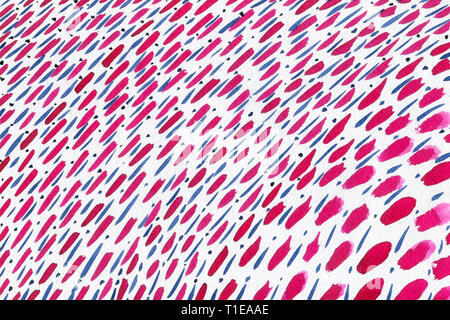 Abstract background with repeating diagonal stripes and strokes of red, blue and pink colors with blue dots on a white background. Watercolor backgrou Stock Photo