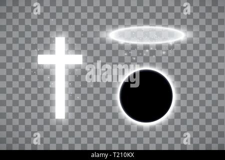 Set of shining white cross and halo ring of white angel and total eclipse of the sun on a transparent background. Glowing holy cross. Vector Stock Vector