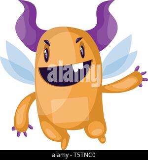 Evil orange fairy monster with big purple horns and wings on white background vector illustration. Stock Vector