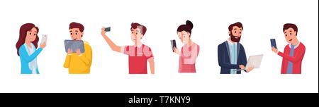 Set of smiling men and women taking selfie chatting talking using modern gadgets via internet social network vector illustration. Online communication concept. Isolated on white Stock Vector