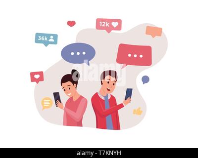 Cartoon smiling people using smartphones for virtual communication. Accounts profiles with with friends likes messages icons flat style. Social media concept. Isolated on white Stock Vector