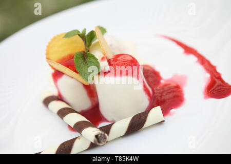 Strawberry Panna Cotta pudding with ice cream Stock Photo