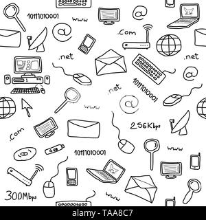 Seamless pattern with computer, internet and networking icons and symbols. Internet background doodle. Stock Vector