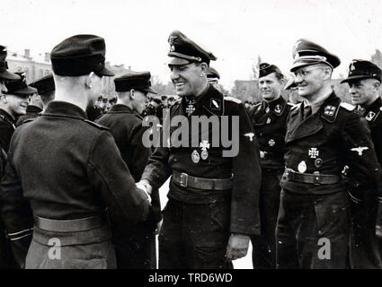 Waffen SS Standartenfürher Mühlenkamp shakes the hand of a Soldier in his Command in May 1944 Cholm Poland on the Eastern Front Stock Photo