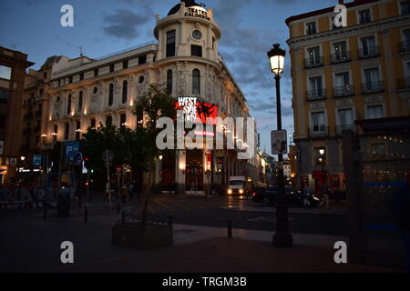 Photo taken in front of Madrid's Calderon theater entrance at dusk Stock Photo