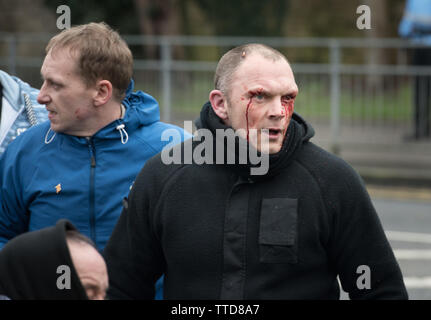 Dover, Kent, UK. 30th January, 2016. Far right and anti fascist groups clash in the centre of Dover with projectiles being exchanged between the two o Stock Photo