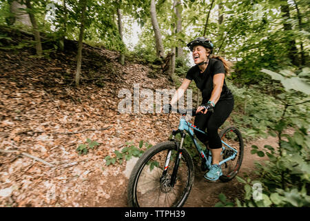 Woman Mountain bikes through Lincoln Woods State Park in Rhode Island Stock Photo