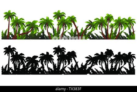 Black silhouettes and colored palm trees with tropical plants template flat vector illustration on white background Stock Vector