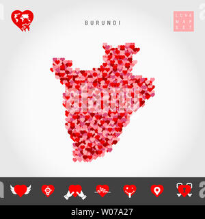 I Love Burundi. Red and Pink Hearts Pattern Map of Burundi Isolated on Grey Background. Love Icon Set. Stock Photo