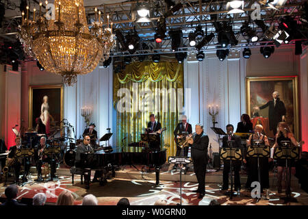 Stevie Wonder performs for the First Family and guests during a concert honoring Gershwin Prize winners Burt Bacharach and Hal David in the East Room at the White House in Washington on May 9, 2012.  UPI/Kevin Dietsch Stock Photo