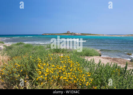 View across bay to the island fortress of Capo Passero, Portopalo di Capo Passero, Syracuse (Siracusa), Sicily, Italy, Europe Stock Photo