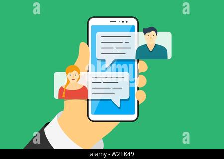 Mobile phone contact chat message notifications vector illustration on green background. Hand holding smartphone and chatting bubble speeches. Online talking speak conversation dialog concept Stock Vector