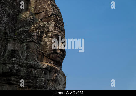 Profile of one of the many faces of Bayon temple at Angkor in Siem Reap, Cambodia. Negative space available for text, art, etc... Stock Photo