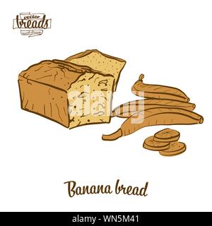 Colored drawing of Banana bread bread. Vector illustration of Sweet bread food, usually known in United States. Colored Bread sketches. Stock Vector