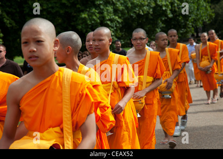 Junge tibetische buddhistische Mönche tragen orangefarbene Gewänder Fuß durch den Green Park, London, UK. Stockfoto