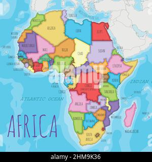 Illustrazione vettoriale della carta dell'Africa politica con colori diversi per ogni paese. Livelli modificabili e chiaramente etichettati. Illustrazione Vettoriale