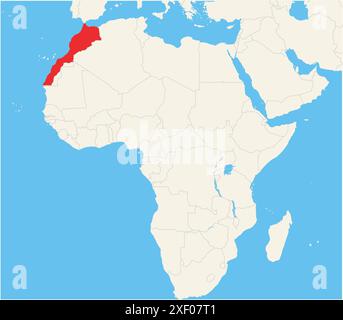 Mappa di localizzazione che mostra la posizione del paese Marocco in Africa. Il paese viene evidenziato con un poligono rosso. Anche i paesi piccoli sono contrassegnati con Illustrazione Vettoriale