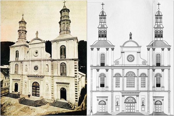 La cathédrale de Saint-Pierre avant la catastrophe de 1902 (à gauche) et l'esquisse de l'édifice après rénovation complète (à droite), dont l'inauguration est prévue en 2023.