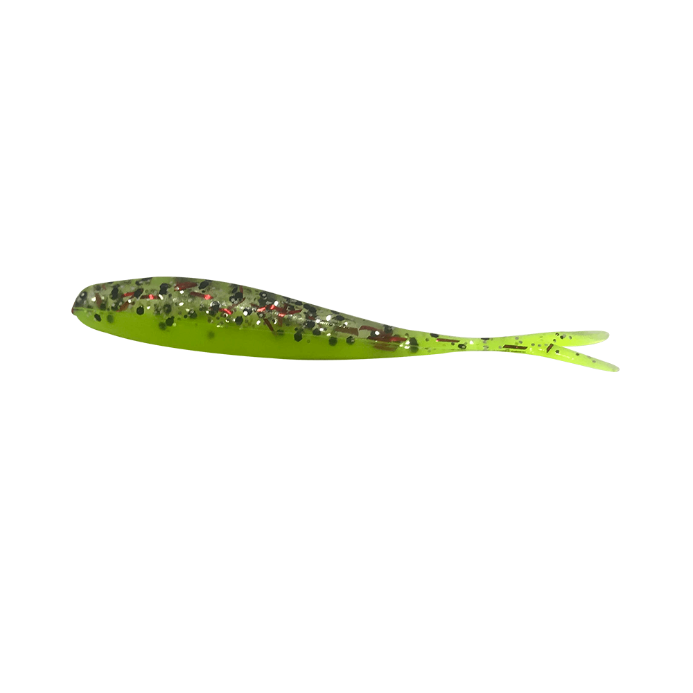 A green fish is shown on the black background.