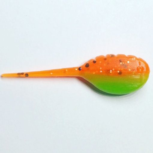 A spoon with an orange and green handle.