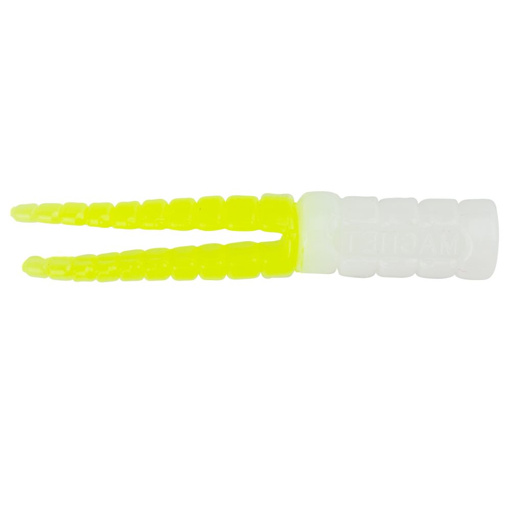 A yellow and white plastic fork with a white handle.