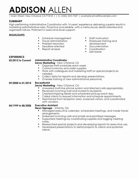 Best Administrative Coordinator Resume Example