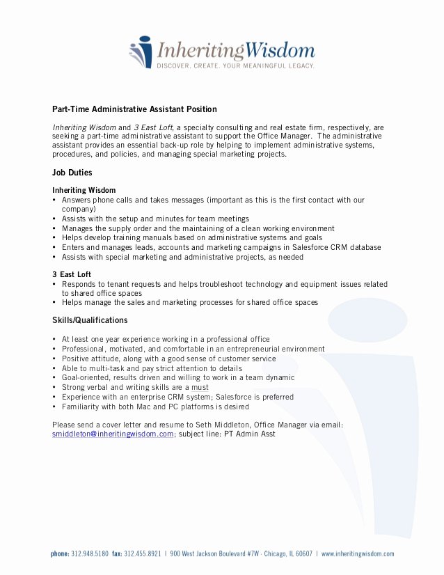 Part Time Administrative assistant Job Description