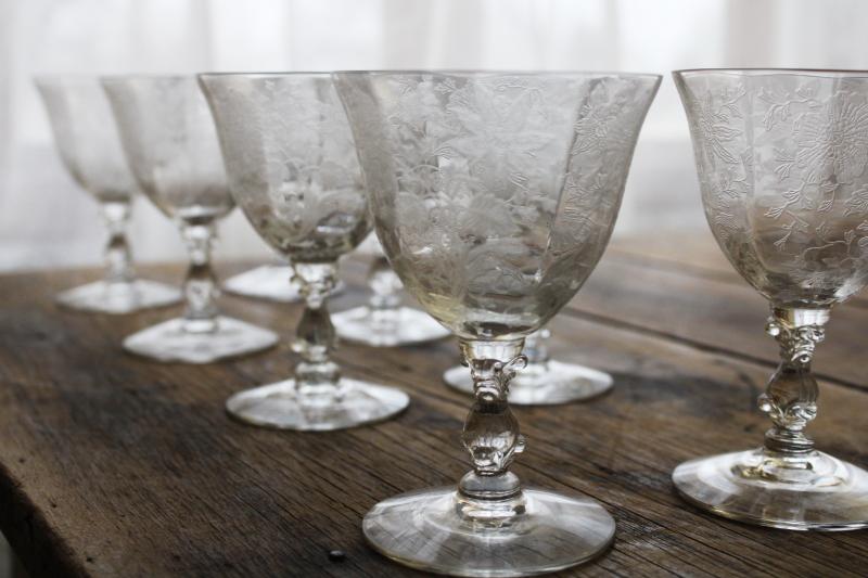 vintage Cambridge Wildflower etched crystal wine / cocktail glasses ...