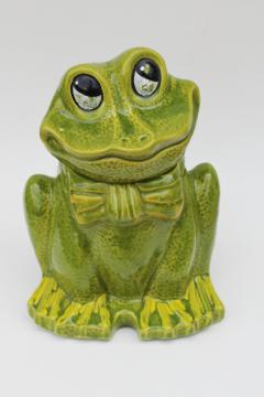 70s vintage ceramic cookie jar funny frog w/ bow tie, California Originals pottery