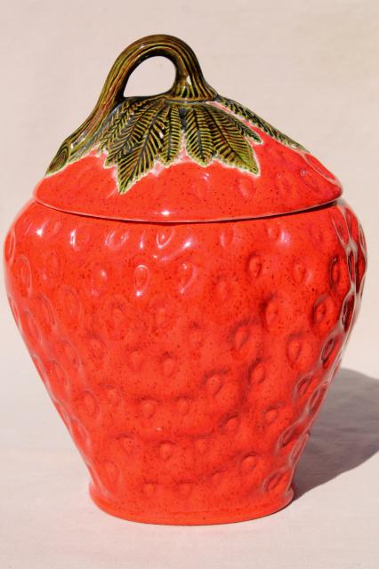 photo of big red strawberry, 70s 80s vintage handmade ceramic cookie jar, retro! #2