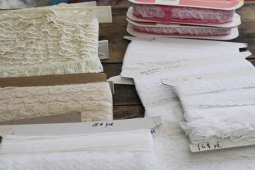 huge lot new old stock bolts of vintage lace edging, ruffled trims for sewing crafts