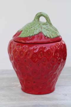 red strawberry cookie jar, berry shape handmade ceramic canister, 1980s vintage