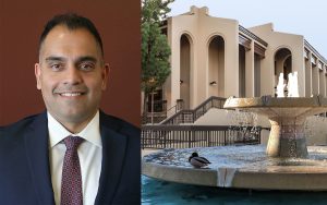 Photo illustration of Omar Torres, photo courtesy of College of the Canyons, De Anza College building and fountain photos courtesy of De Anza College website.