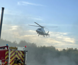 A LifeFlight helicopter takes off from Peaslee's Quick Stop on Route 17 in Jefferson Wednesday, Aug. 3. According to the Lincoln County Sheriff's Office, a Gardiner woman sustained serious injuries when her eastbound 2012 Chevrolet Equinox crossed the center line and struck three oncoming motor vehicles on Route 17 in Jefferson. (Sherwood Olin photo)