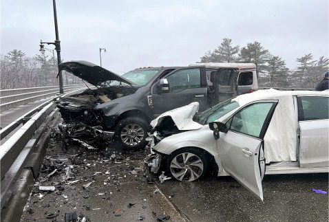 The aftermath of a fatal crash on the north end of the Sagadahoc Bridge on Route 1 in Woolwich on Friday, Jan. 6. Robert A Payzant Jr., 55, of Lewiston died at the scene and Joseph Pickul, 69, of Southport was transported to Maine Medical Center in Portland, according to the Sagadahoc County Sheriff's Office. (Photo courtesy Sagadahoc County SheriffÂ’s Office)