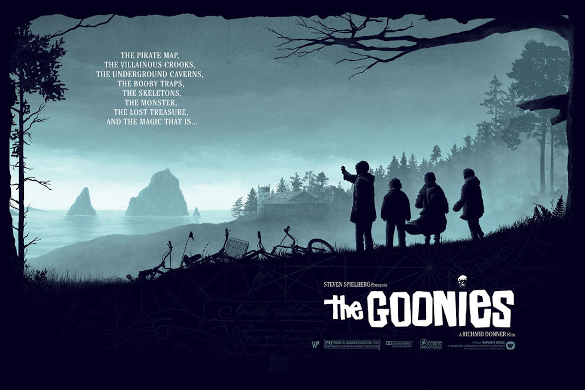 A blue and black poster for The Goonies showing the kids looking out on the sea